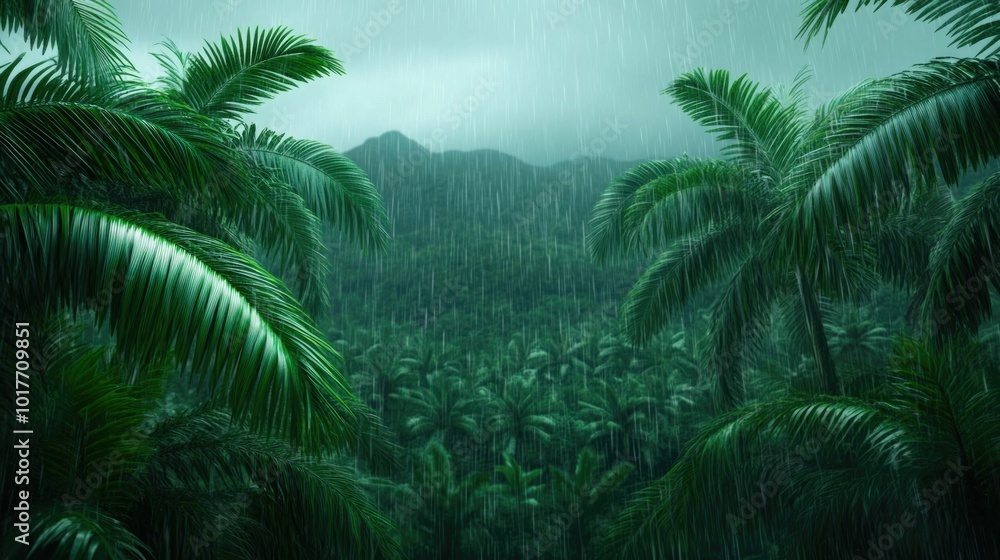 Lush vibrant tropical jungle landscape with dense verdant foliage and a heavy rain shower casting a moody serene atmosphere Lush vibrant tropical jungle landscape with dense verdant foliage and a heavy rain shower casting a moody serene atmosphere