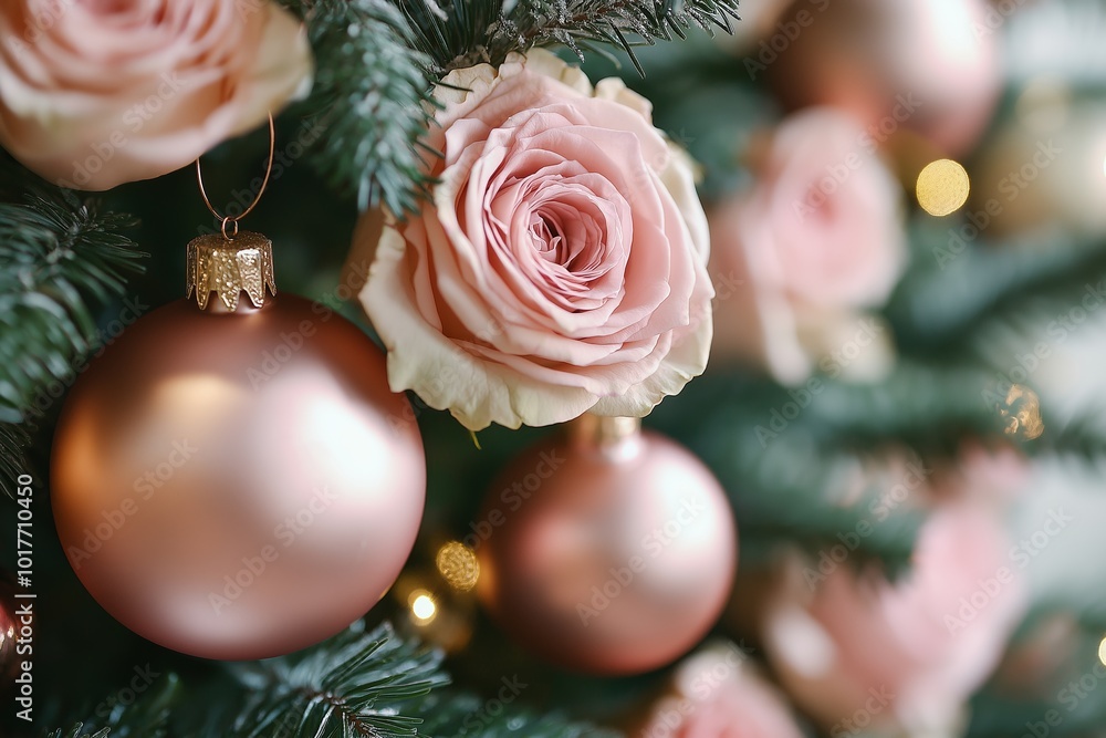 A tree with pink flowers and pink ornaments. The tree is decorated for Christmas A tree with pink flowers and pink ornaments. The tree is decorated for Christmas