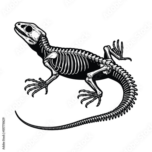 Black and white line art vector illustration of a lizard skeleton, hand drawn style