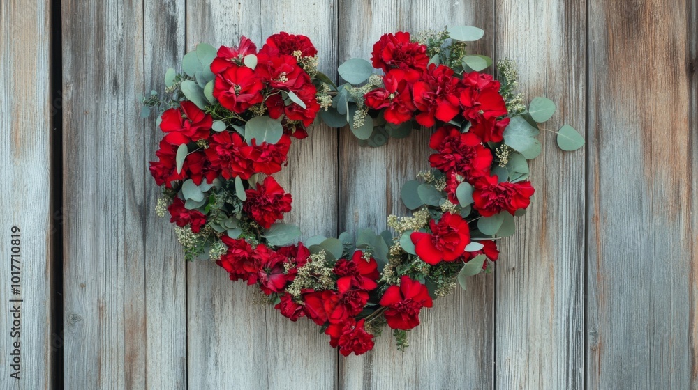 Red Carnation Heart Shaped Floral Arrangement on Weathered Wooden Door Red Carnation Heart Shaped Floral Arrangement on Weathered Wooden Door