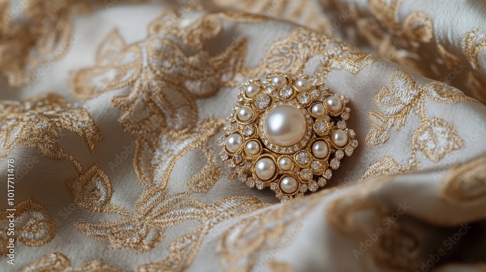 A Gold and Pearl Brooch on Embroidered Fabric A Gold and Pearl Brooch on Embroidered Fabric