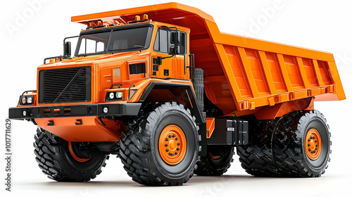 3D Render of an Orange Dump Truck with Large Tires, Positioned on a White Background, Designed for Construction and Industrial Tasks