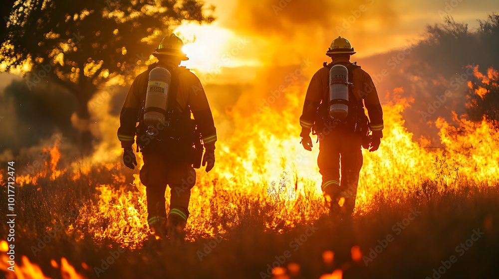 Fototapeta premium Two Firefighters Walking Through a Fiery Landscape During a Wildfire