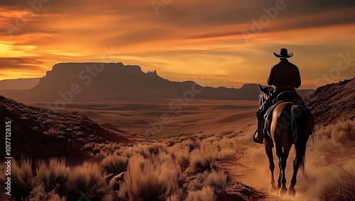 A lone cowboy rides through the desert at sunset.