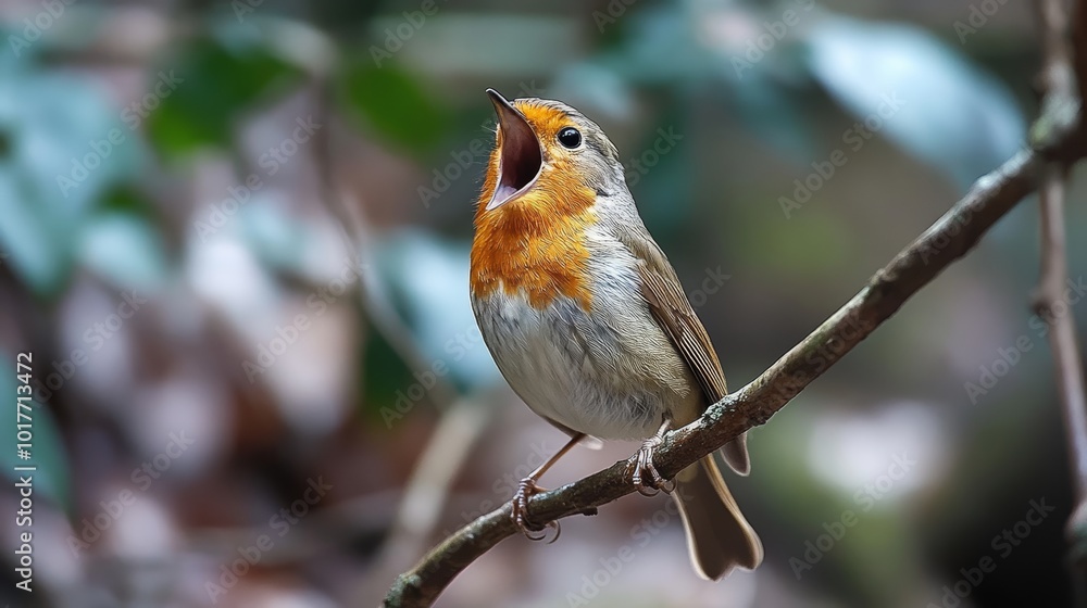 Fototapeta premium Vibrant Robin Singing in the Forest: A Captivating Display of Nature's Melody