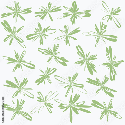 Interesting doodles. Vector set of different green flowers. Background - pattern.