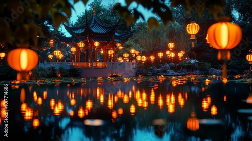 Chinese Garden Pavilion with Illuminated Lanterns Reflecting in a Pond at Night