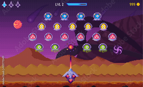 Colorful spaceships fight alien enemies against an outer space background. Ideal for arcade gaming themes, sci-fi enthusiasts, action-packed adventures, retro pixel art, and space exploration