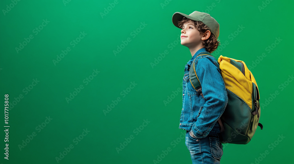 An adventurous boy in a denim jacket and baseball cap, posing with a backpack against a bright green backdrop with copy space. An adventurous boy in a denim jacket and baseball cap, posing with a backpack against a bright green backdrop with copy space.
