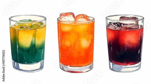 Three Watercolor Cocktails with Ice.