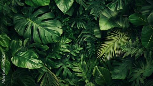 Lush green tropical leaves background with different shapes and textures.