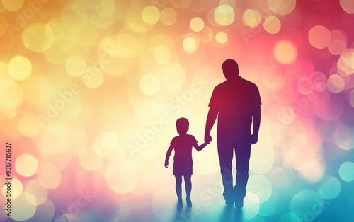 Abstract 3D digital design for a Father's Day greeting card, featuring a father and child silhouette with a bright and simple gradient background 