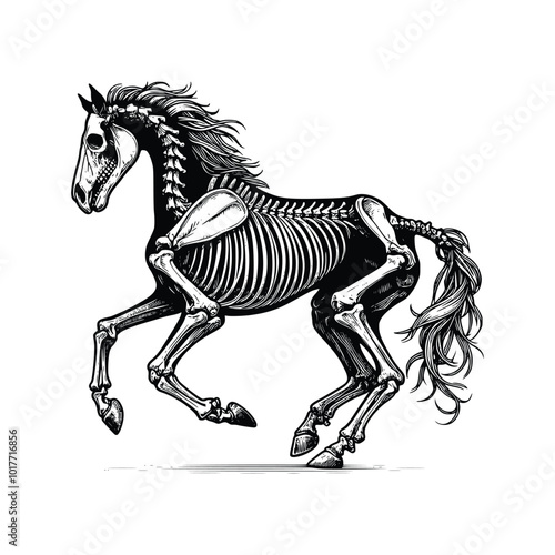 Horse skeleton line art, hand drawn in a black and white vector style