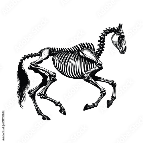 hand drawn black and white of skeleton horse line art vector illustration