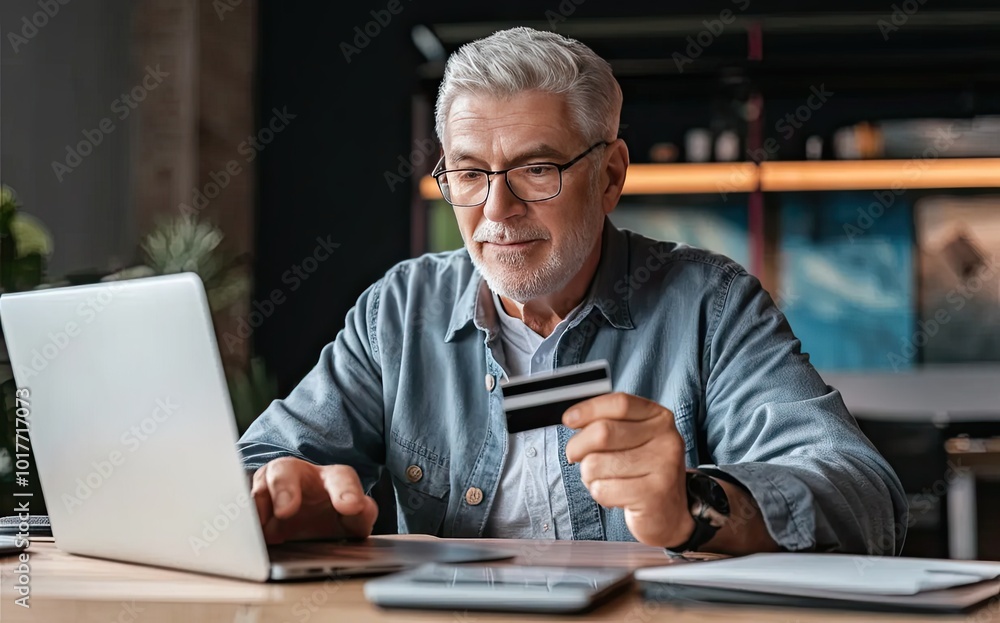 Elderly retiree holding a credit card, paying bills online and buying goods using an e-commerce web app on his laptop. Senior male customer making internet payments. Elderly retiree holding a credit card, paying bills online and buying goods using an e-commerce web app on his laptop. Senior male customer making internet payments.