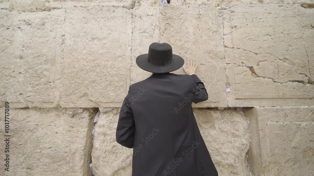 Jewish Prayer at Western Wall, Jerusalem, Israel. A religious man in black suit and hat places his hand on the wall rocking backwards and forwards while praying. Camera moves in slowly to tight shot.