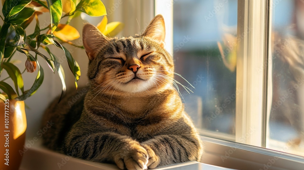 Happy cat with an infectious grin, sitting comfortably on a sunny windowsill, enjoying the warm sunlight Happy cat with an infectious grin, sitting comfortably on a sunny windowsill, enjoying the warm sunlight