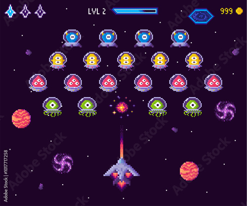 Spaceship attacking rows of alien invaders in a pixel art style. Retro gaming vibe with colorful planets and stars. Ideal for classic arcade, space adventure, retro gaming, nostalgic fun, sci-fi
