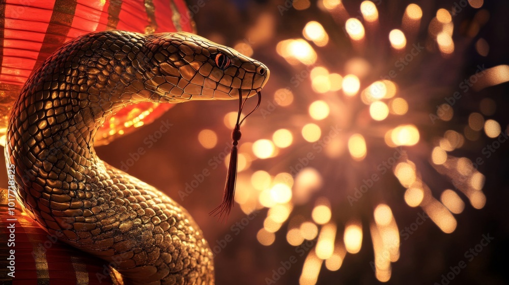 A Golden Snake With Red Tassel Against a Bokeh Background A Golden Snake With Red Tassel Against a Bokeh Background