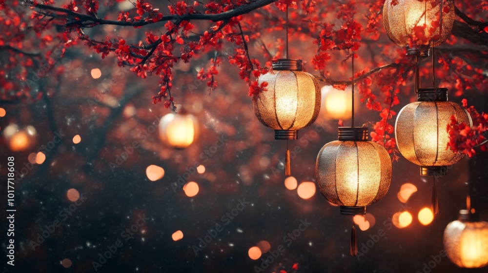 Illuminated Chinese Lanterns Hanging from a Branch with Red Blossoms Illuminated Chinese Lanterns Hanging from a Branch with Red Blossoms