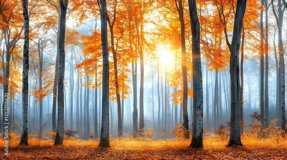 Fototapeta premium Sunbeams Through Autumn Forest.