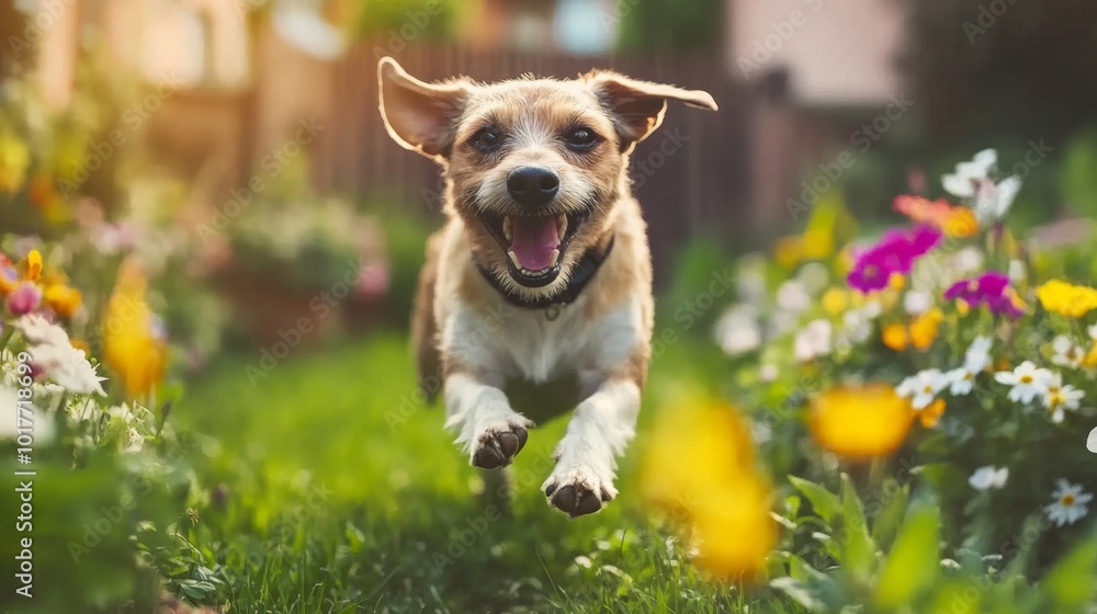 Happy dog with a big grin, running through a flower-filled garden Happy dog with a big grin, running through a flower-filled garden