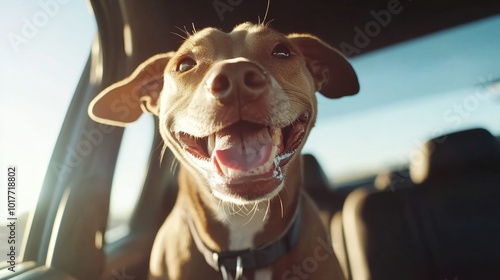 Happy dog with a bright, cheerful face, enjoying a car ride with its head out the window
