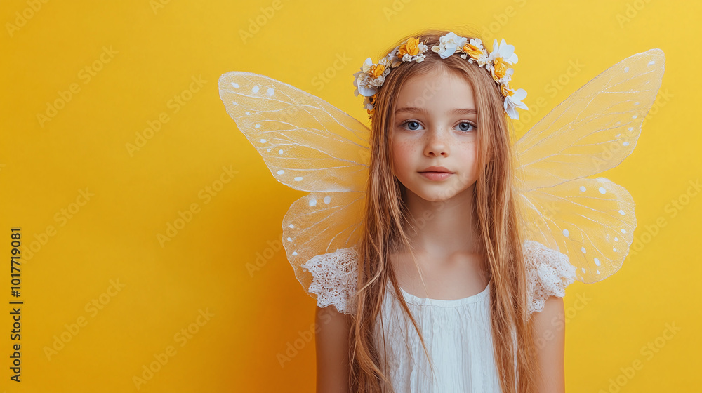 An imaginative girl in a fairy costume with wings, standing against a vivid yellow background with copy space. An imaginative girl in a fairy costume with wings, standing against a vivid yellow background with copy space.