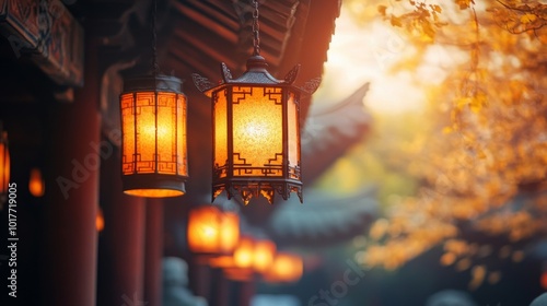 Ornamental Lanterns Hanging from a Roof with a Blurry Background photo