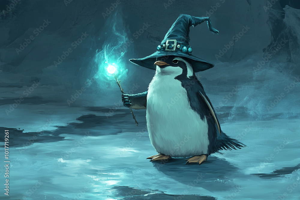 Obraz premium A penguin holding a sparkling candle stick, symbolizing Halloween Day.