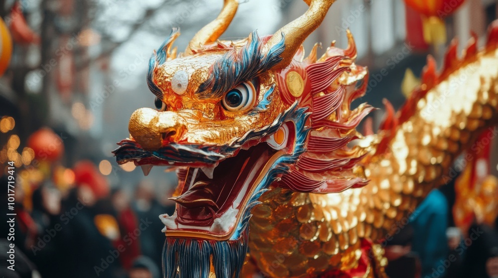 Close-up of a Golden Dragon Head with Red and Blue Accents Close-up of a Golden Dragon Head with Red and Blue Accents