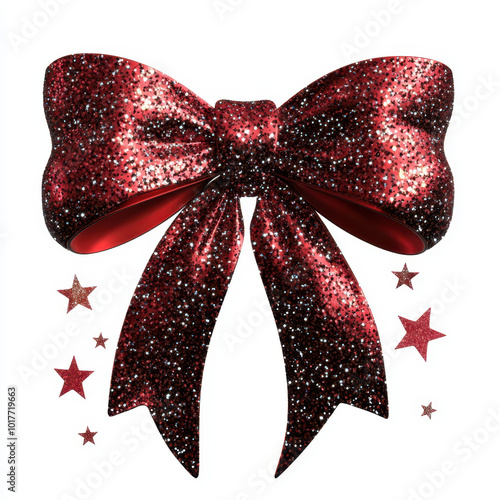 vibrant red glitter bow with shimmering stars creates festive holiday atmosphere, perfect for Christmas decorations and celebrations