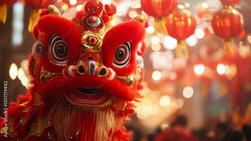 Red Lion Dance Costume with Golden Accents and Blurry Background of Red Lanterns Red Lion Dance Costume with Golden Accents and Blurry Background of Red Lanterns