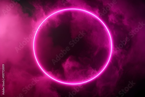 Ring neon frame with smoke. Light round 3D laser pink portal. Led circle with clouds and fog on a black background. Fluorescent form banner for text