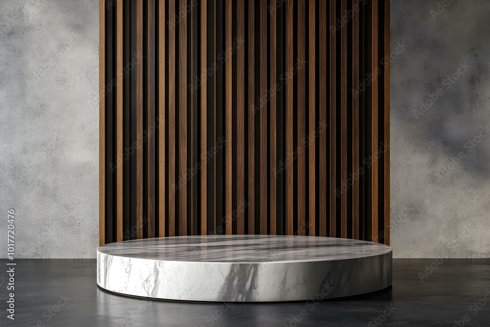 Studio room for product presentation against the background of a concrete wall. Empty 3D marble podium with vertical wooden panels slats. Premium mockup for beauty or food Studio room for product presentation against the background of a concrete wall. Empty 3D marble podium with vertical wooden panels slats. Premium mockup for beauty or food