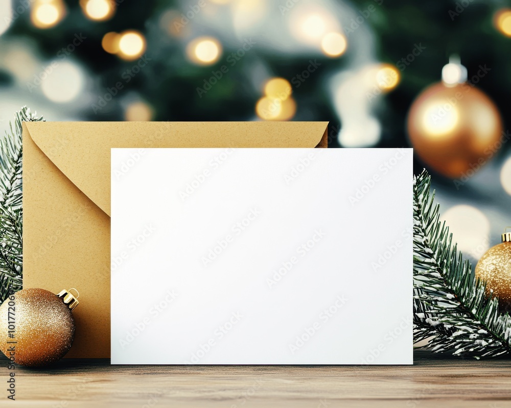 Obraz premium Blank Christmas card with envelope mockup on wooden table with holiday decorations and blurred lights background