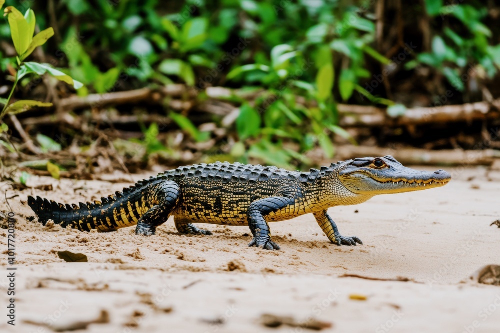 Obraz premium Crocodile walking slowly across sandy terrain in a tropical jungle, surrounded by green foliage, showcasing its natural habitat and wildlife behavior