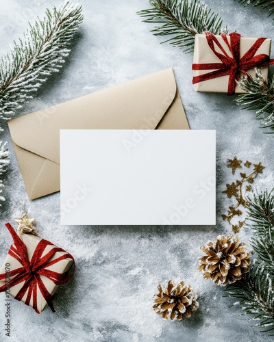 Blank Christmas card and envelope mockup surrounded by frosted pine branches, gift boxes with red ribbon, and pinecones on snowy background