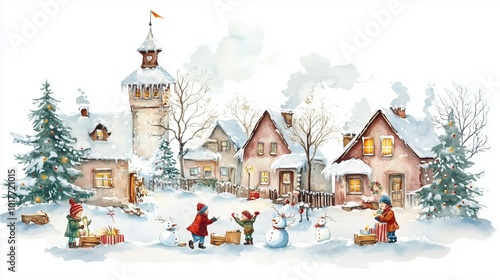 Christmas ,clip art ,water colour ,cozy winter village 