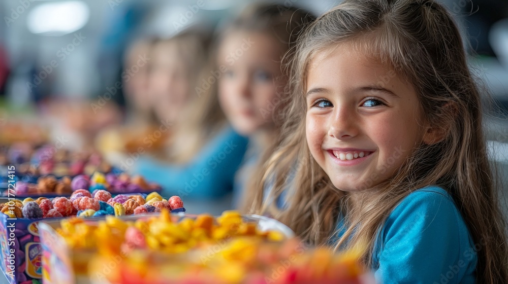 A smiling girl enjoys colorful treats at a gathering with others in the background. A smiling girl enjoys colorful treats at a gathering with others in the background.