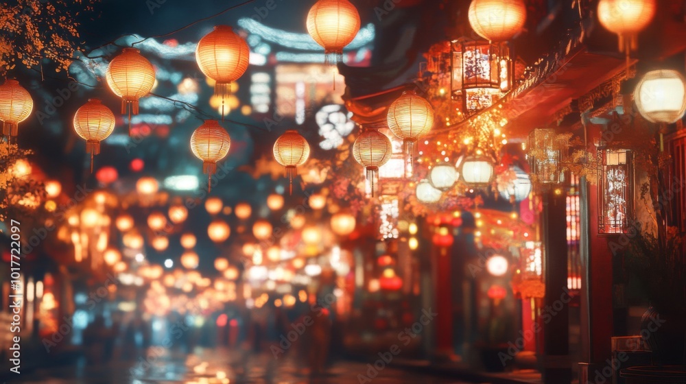 A Nighttime Street in Asia Illuminated by Red Lanterns A Nighttime Street in Asia Illuminated by Red Lanterns