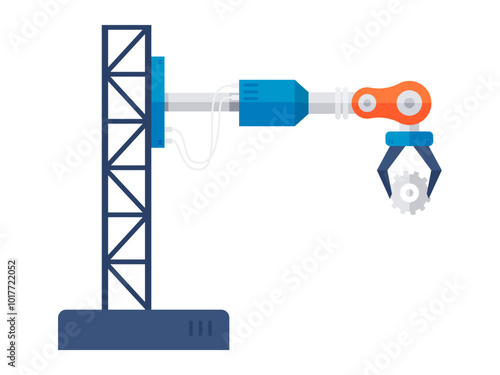 A robotic arm with a claw attached to a crane-like structure is engaged in picking up a gear component. Ideal for robotics technology industrial automation manufacturing engineering mechanical