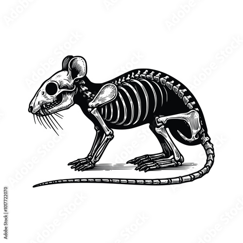 Mouse or rat skeleton line art illustration, hand drawn in black and white