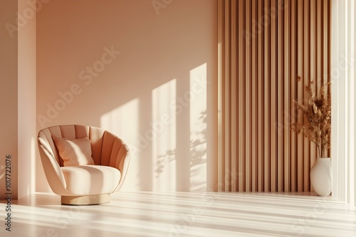 Armchair in empty room with modern interior in peach fuzz color. Chair in empty studio on wall panels with wooden slats background. Premium mockup for product design