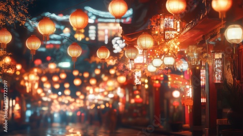 A Nighttime Street in Asia Illuminated by Red Lanterns