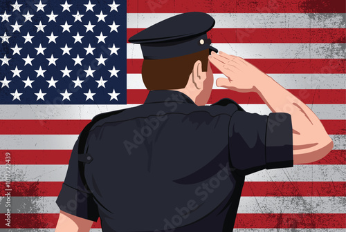 A police officer vector icon saluting, wearing a uniform and badge