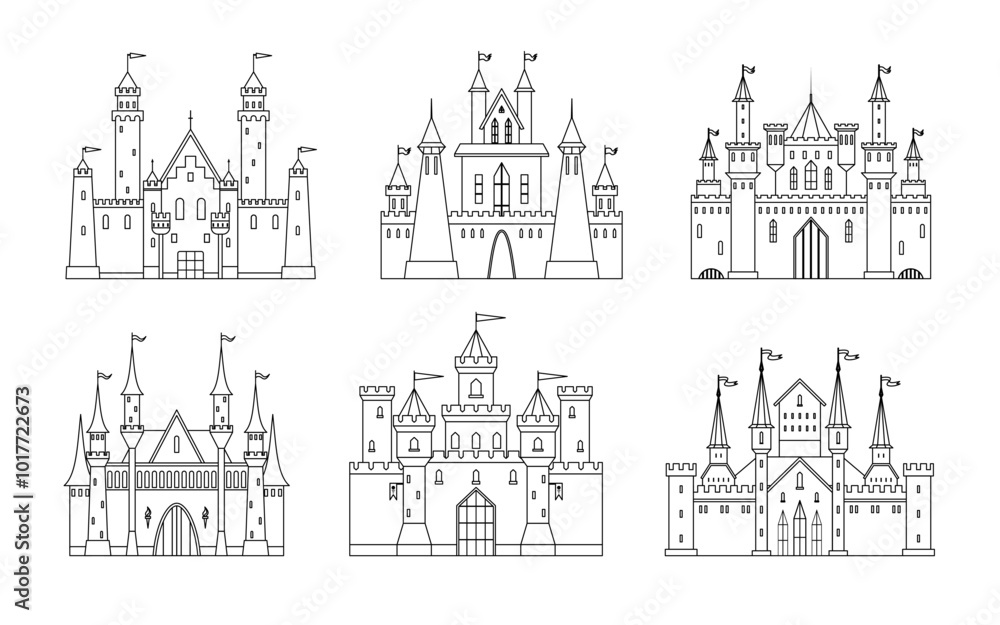 Six different castles with multiple towers flags and large gates, all drawn in a detailed black and white vector style. Ideal for fairy tales medieval events logo design architectural studies fantasy Six different castles with multiple towers flags and large gates, all drawn in a detailed black and white vector style. Ideal for fairy tales medieval events logo design architectural studies fantasy