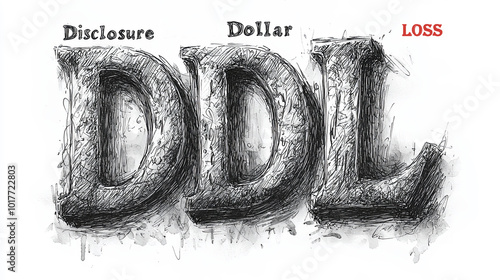 A detailed monochromatic image symbolizing 'Disclosure Dollar Loss,' featuring the bold letters DDL surrounded by intricate shading and texture in pencil sketch style. photo