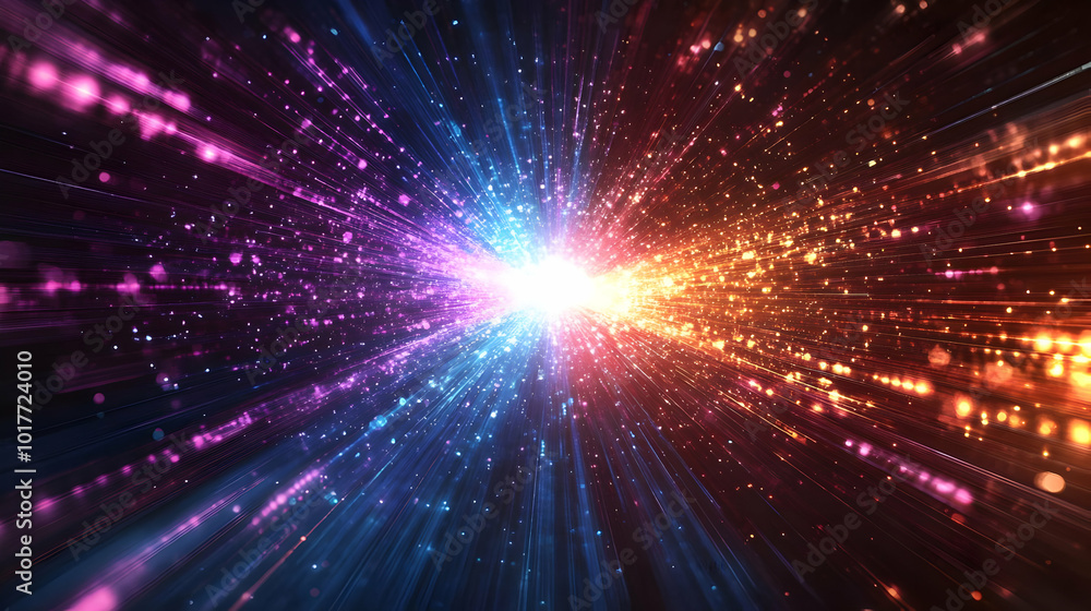 Fototapeta premium Abstract 3D Background with Glowing Lines and Particles Expanding from the Center