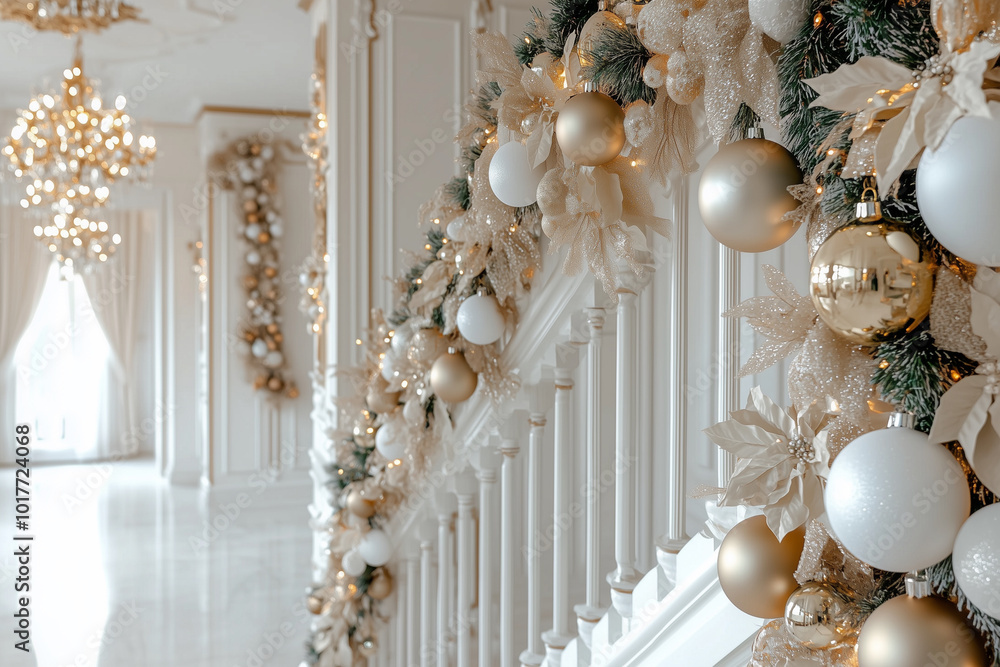Luxurious holiday decorations adorn grand staircase, featuring elegant gold and white ornaments, sparkling lights, and festive greenery, creating warm and inviting atmosphere. Luxurious holiday decorations adorn grand staircase, featuring elegant gold and white ornaments, sparkling lights, and festive greenery, creating warm and inviting atmosphere.